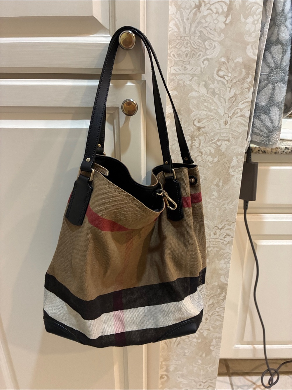 Burberry Check Canvas tote with Pouch in Beige/Tan/ black